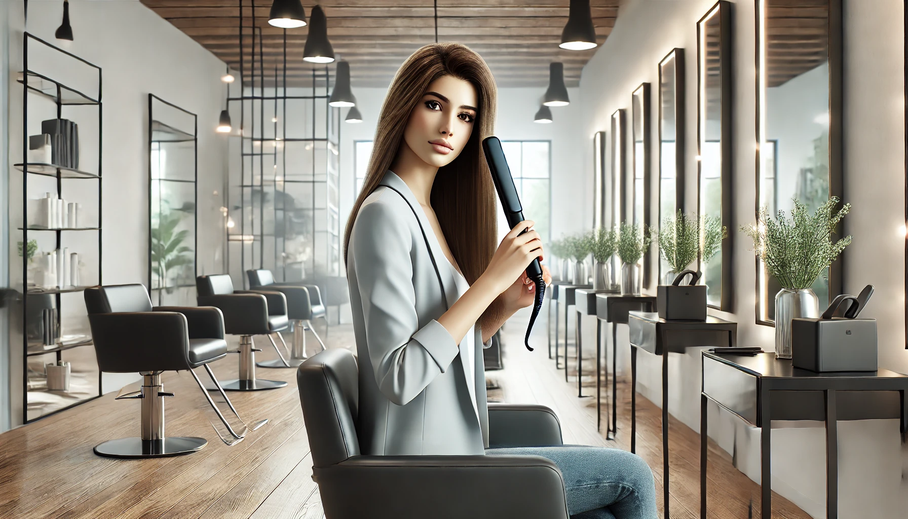 A-modern-and-sleek-hair-salon-interior-where-a-person-is-using-the-SALONIA-Straight-Hair-Iron-on-their-hair.-The-room-is-bright-and-stylish-featuring