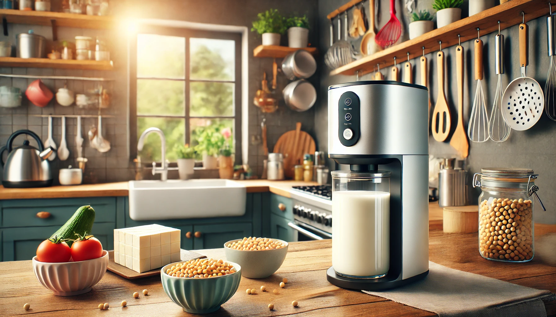 A modern kitchen with a sleek, compact soy milk maker prominently displayed on the counter. The soy milk maker is silver and white, with a simple desi.