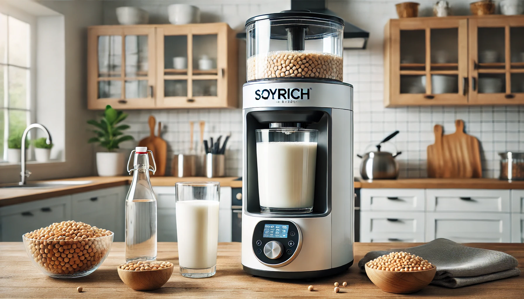 A modern kitchen with a Soyrich Soy Milk Maker prominently placed on the counter. The device is shown in use, with a glass of fresh soy milk beside it.