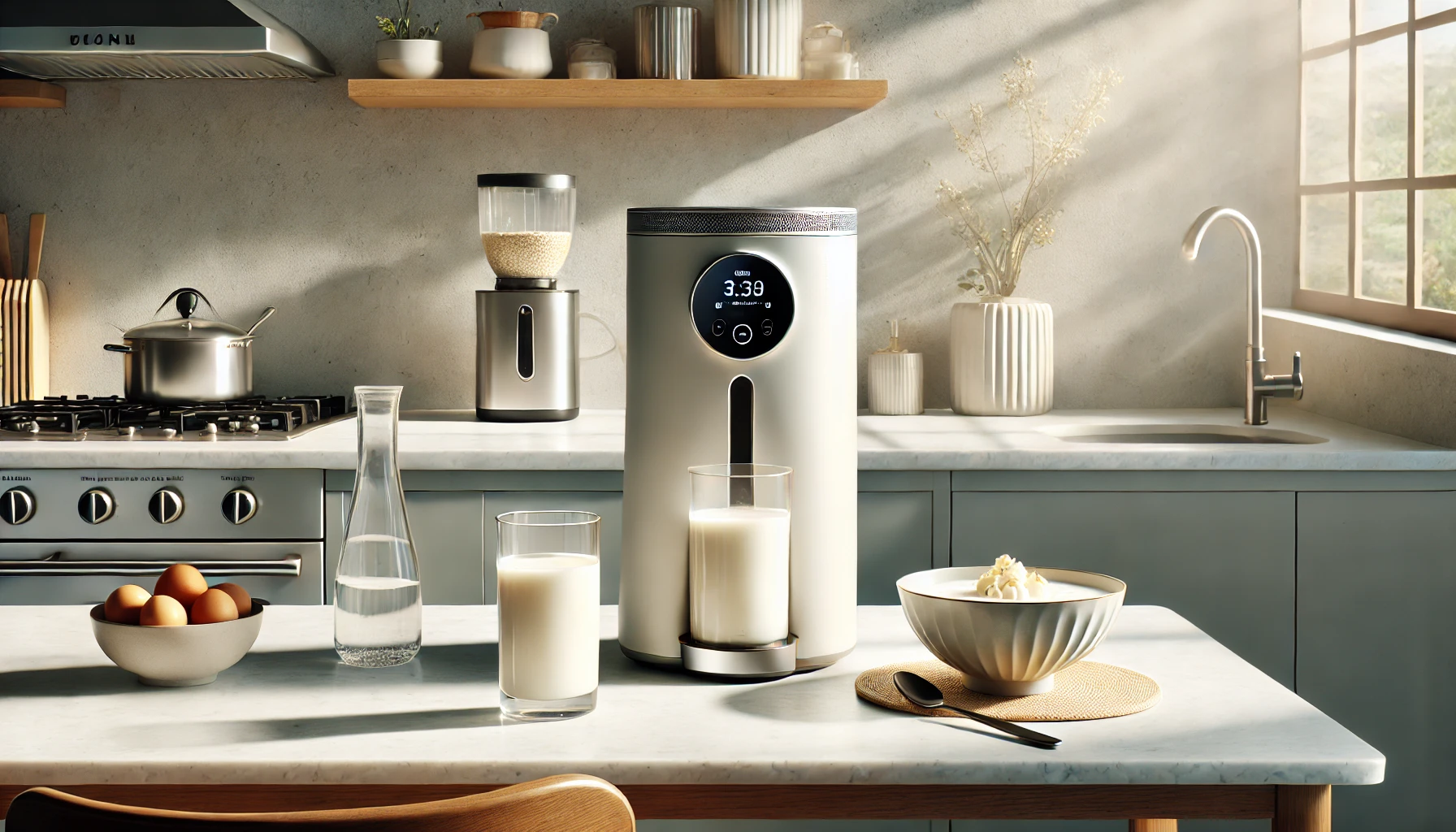 A modern kitchen setting with a stylish countertop. A sleek and compact soy milk and amazake maker, resembling a high-end kitchen appliance, sits prom