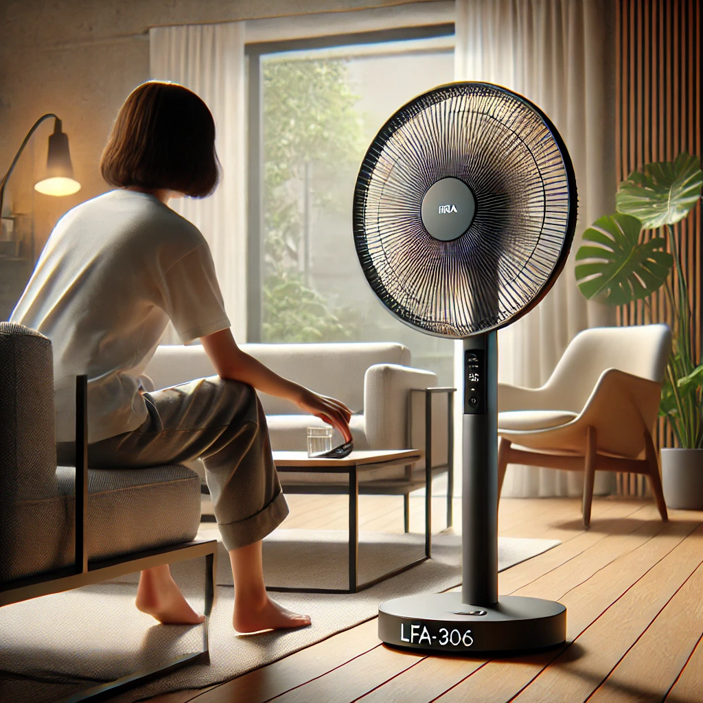 A-person-using-the-Iris-Ohyama-LFA-306-fan-in-a-modern-living-room.-The-fan-is-placed-on-a-table-or-a-low-stand-with-the-person-adjusting-its-setting