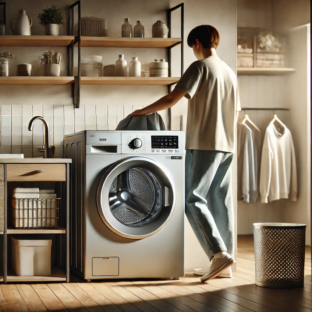 A-person-using-the-Iris-Ohyama-IAW-T451-washing-machine-in-a-modern-laundry-room.-The-washing-machine-is-positioned-in-the-room-with-the-person-either.