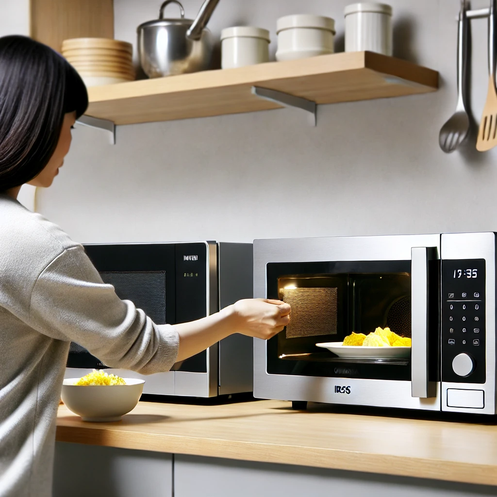 A-person-using-the-Iris-Ohyama-microwave-models-IMB-T178-and-PMB-T178-in-a-modern-kitchen.-Both-microwaves-are-placed-side-by-side-on-a-clean-countert